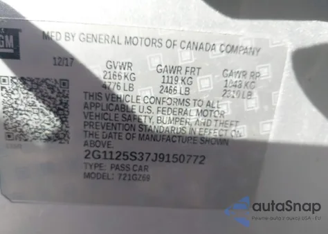 2018 Chevrolet Impala 2Lz из США, поврежденный, VIN 2G1125S37J9150772